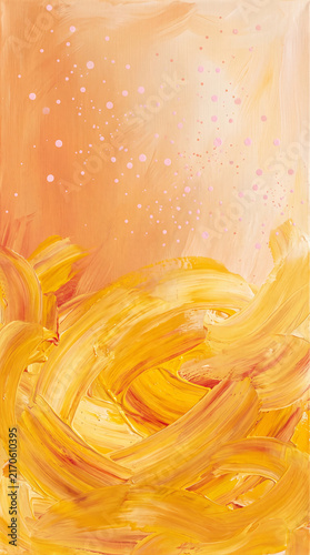 Abstract painting with broad brushstrokes in warm yellow and orange tones, speckled with small pink dots, evoking a sense of energy and joy, perfect for artistic expression or cheerful decor