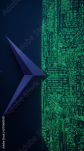 Abstract geometric shape on a dark background with a green digital matrix pattern, symbolizing technology, data, and innovation.