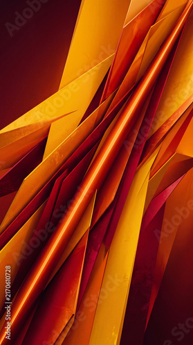 Geometric abstract of sharp, layered planes in warm orange and red hues, with a bright central light, symbolizing dynamism and energy