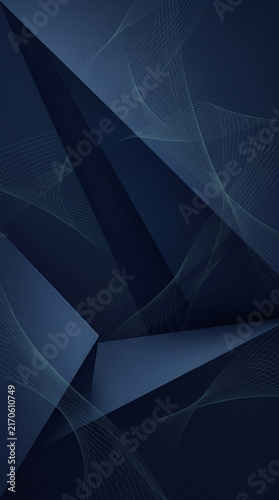 Abstract dark blue geometric shapes with light green wavy lines, symbolizing depth, technology, and innovation, suitable for modern design.