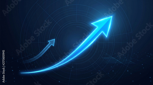 Glowing blue arrow graphic ascending against a dark, digital background, symbolizing growth, progress, and success