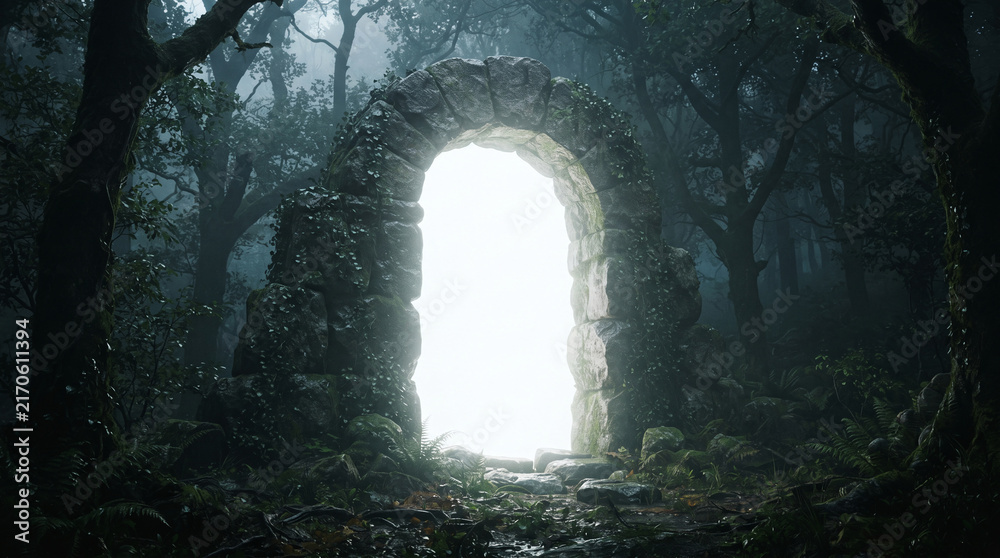 Fototapeta premium Ancient stone archway in a misty forest, revealing a bright light, symbolizing passage, mystery, and the unknown, evoking adventure and fantasy.