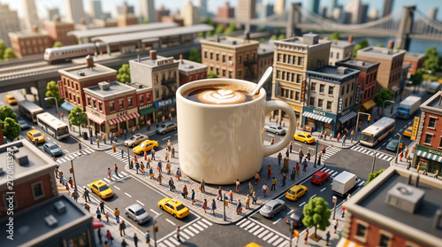 Giant coffee cup dominates a miniature city scene with tiny cars, people, and buildings, representing urban life and coffee culture