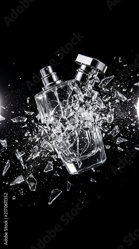 Two clear perfume bottles shattering, scattering glass shards and droplets against a stark black background, symbolizing fragility and impact.
