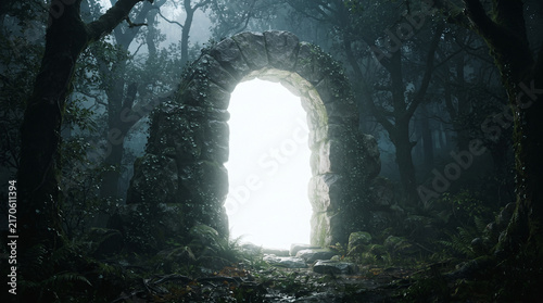 Ancient stone archway in a misty forest, revealing a bright light, symbolizing passage, mystery, and the unknown, evoking adventure and fantasy.
