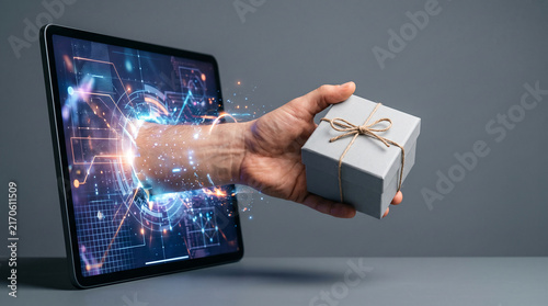 Hand emerging from tablet screen with gift box, symbolizing digital commerce and delivery.