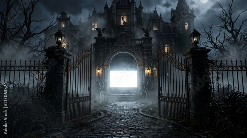 Dark, gothic mansion entrance with wrought iron gates, fog, and a bright white frame, symbolizing mystery, haunting, or a portal