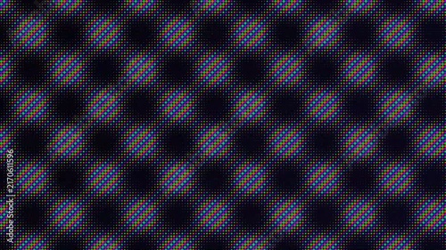 Abstract digital halftone pattern with colorful glowing dots on a dark background.