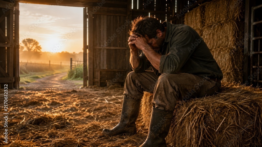 Obraz premium Distressed Farmer Sitting on Hay Bale in Barn During Agricultural and Financial Crisis