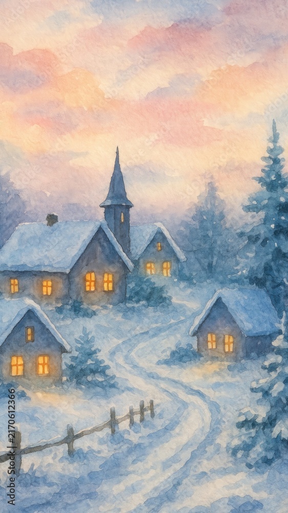 Fototapeta premium Serene winter village mobile wallpaper
