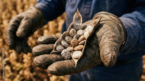 Farmer holding a handful of dried legumes with speckled seeds in a field, wearing protective gloves and a blue shirt, with crops visible in the background