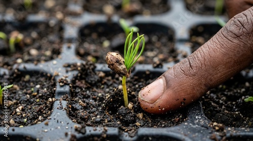 Close-up of a hand gently touching a young green seedling emerging from soil in a seed tray, showcasing the growth process in a gardening context