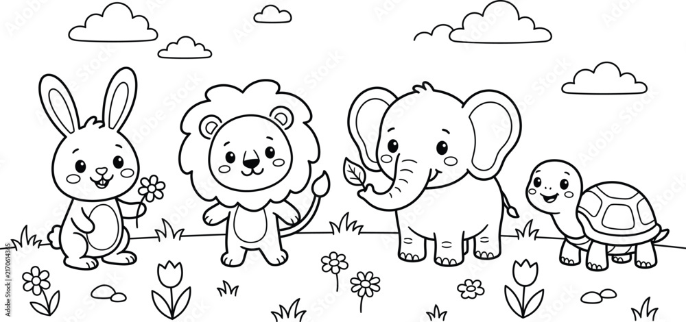 Fototapeta premium Charming illustration of baby animals walking in a field under a cloudy sky