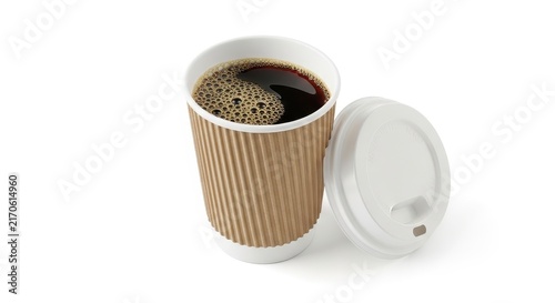 Coffee in a paper cup with lid open isolated on white background