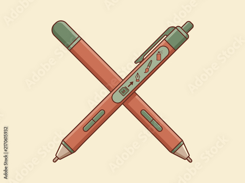 Crossed digital stylus pens illustration in a retro flat style.