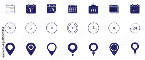 Date, time, location address icon set. Clock, calendar and location icon. Useful date and address details for navigation symbol. Vector illustration