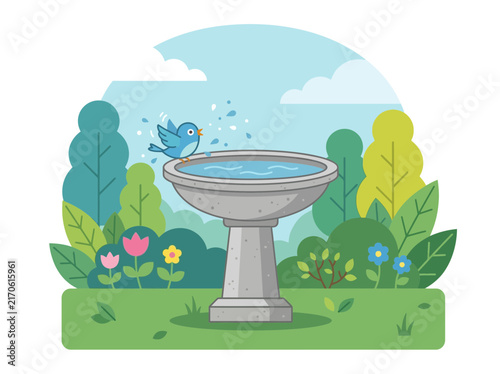 Cute blue bird splashing water in a stone birdbath.
