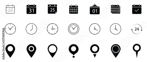 Date, time, location address icon set. Clock, calendar and location icon. Useful date and address details for navigation symbol. Vector illustration
