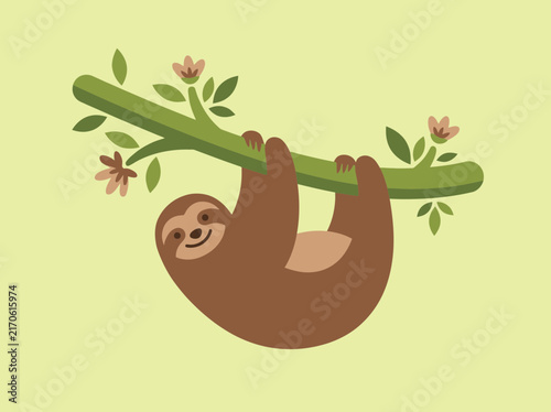 Cute cartoon sloth hanging upside down on a flowering tree branch.