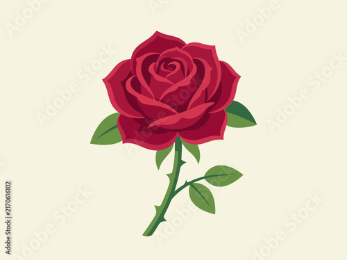Detailed red rose illustration with green stem and leaves.