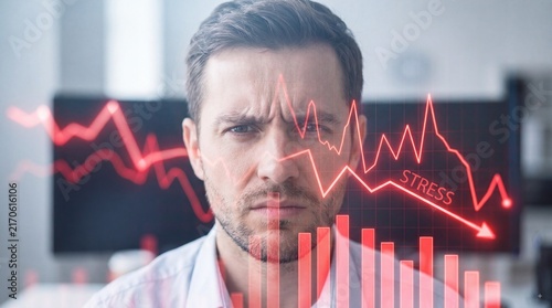 Male office worker with serious expression analyzing financial data on screen, red graph indicating stress levels in the background, modern workspace setting
