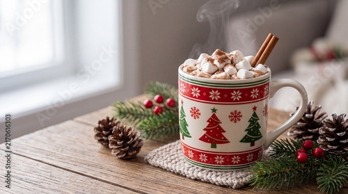 Hot chocolate in festive mug with marshmallows and cinnamon sticks, surrounded by pinecones and greenery on wooden table, winter season decor