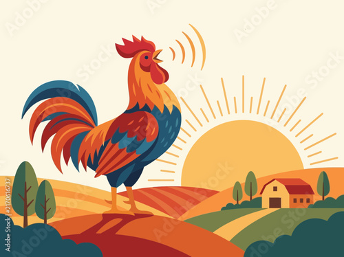 Colorful Rooster Crowing at Sunrise on a Rural Farm Landscape Illustration.