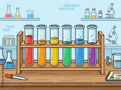 Colorful test tubes in a wooden rack in a science lab illustration.