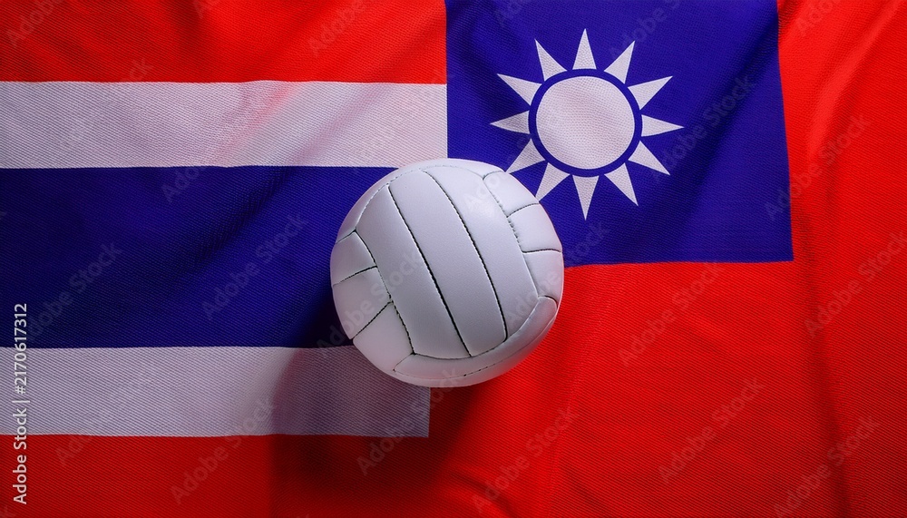 Fototapeta premium white volleyball placing between Thailand flag and Taiwan flag