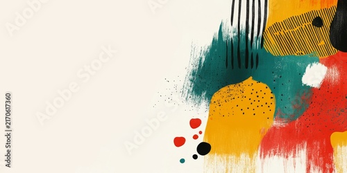 This minimalist abstract artwork features textured brush strokes in teal, yellow, red and black, paired with vertical line details and tiny dot accents, set against a pale off-white background.

