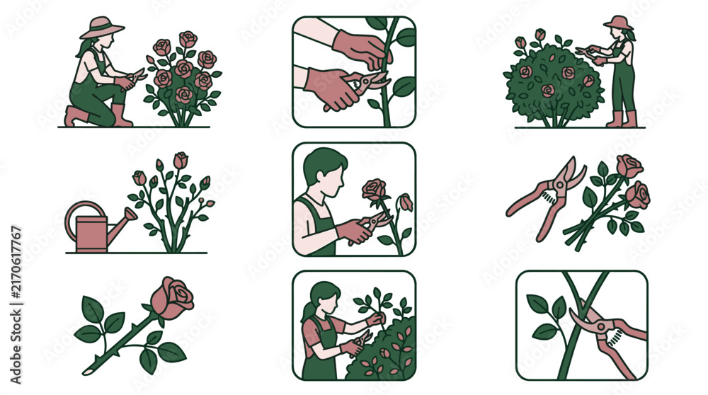 Obraz premium Set of nine flat design icons illustrating rose gardening and pruning, isolated on white. Includes people, tools, and plants.