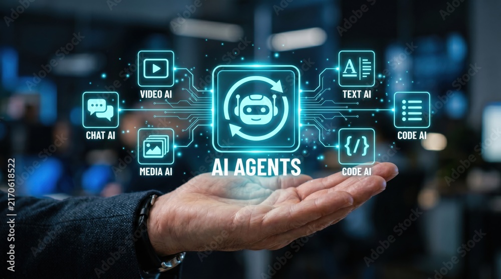 Obraz premium AI Agents Concept Hologram Floating Above Human Hand Illustrating Artificial Intelligence Automation and Machine Learning Technology Solutions