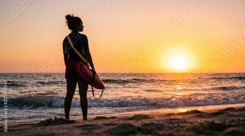 Female lifeguard watching sunset on beach holding rescue can representing vigilance and safety