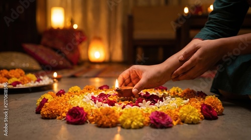 Woman lighting traditional clay diya lamp surrounded by colorful flower rangoli pattern during Indian festival celebration at home
