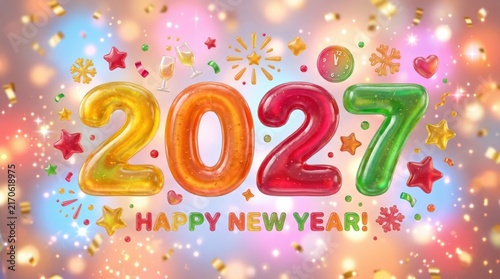 Happy New Year 2027 colorful gummy jelly numbers celebration greeting card background