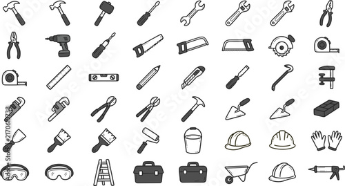 Construction and Workshop Tools Icon Collection with Hammers, Wrenches, Saws, Drills, Trowels, Measuring Tools and Safety 