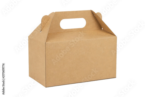 фотографія Single brown cardboard gable box with a handle is isolated on a clean white back