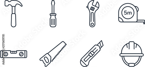 Construction and Workshop Tool Icon Set with Hammer, Screwdriver, Wrench, Tape Measure, Level, Saw and Safety Helmet