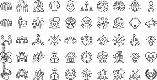 Community social work and team management vector icon set featuring teamwork support hierarchy equality network leadership connection partnership symbolsCommunity 