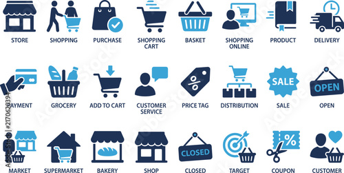 E-commerce and shopping vector icon set featuring store purchase cart basket online delivery payment grocery customer service 