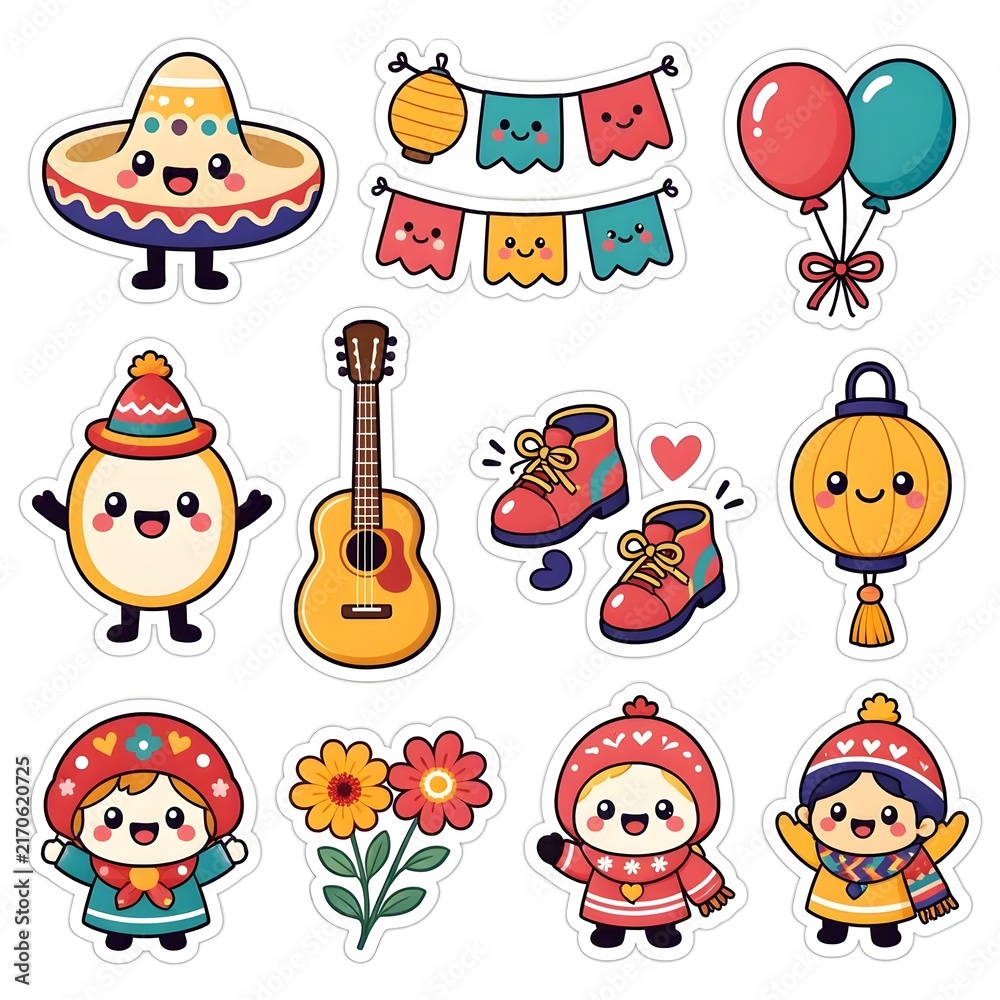 Fototapeta premium Cute Sticker Set for Chilean Fiestas Patrias featuring Chupalla Hat, Guitar, Garlands, Lantern, Flowers, Boots, and Cartoon Characters in Traditional Attire