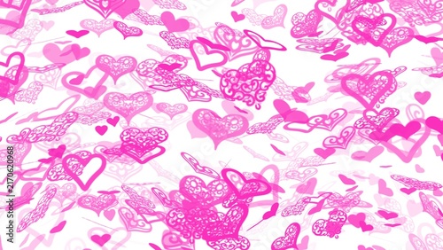 Hand drawn pink heart shapes pattern background with ornate floral motifs and decorative digital illustration.