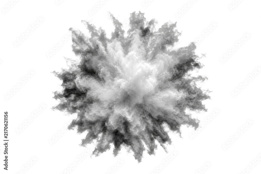 Naklejka premium Dynamic black and white smoke explosion creating a swirling cloud of dust and particles against a clean white background