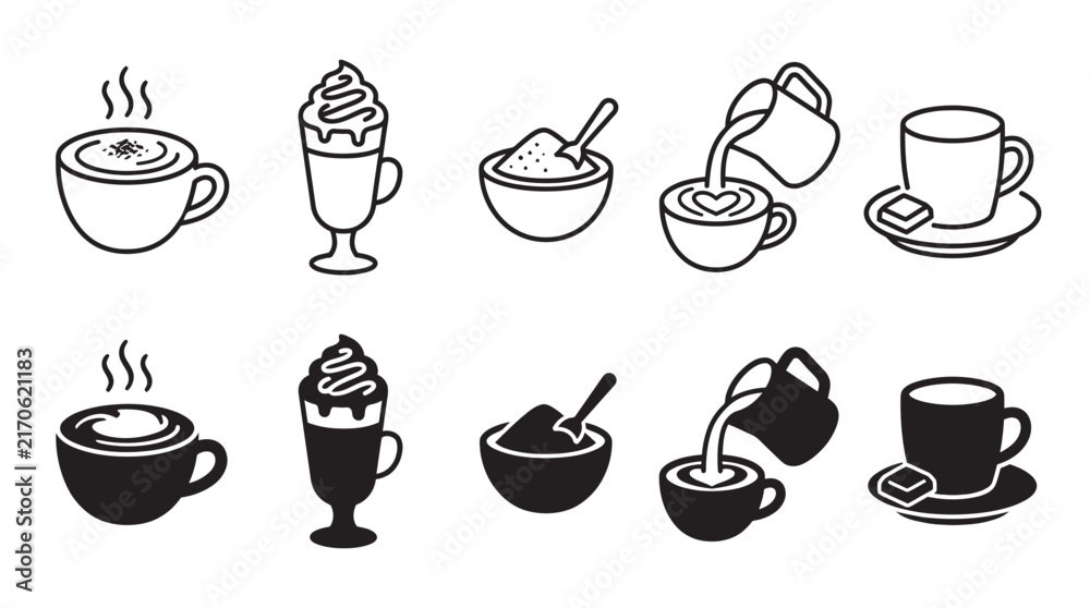 Obraz premium Set of coffee and hot beverage icons in outline and silhouette styles showing preparation and cups with beverage