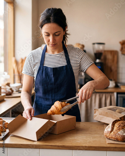 Bakery Worker Packing Fresh Croissant for Customer Pickup