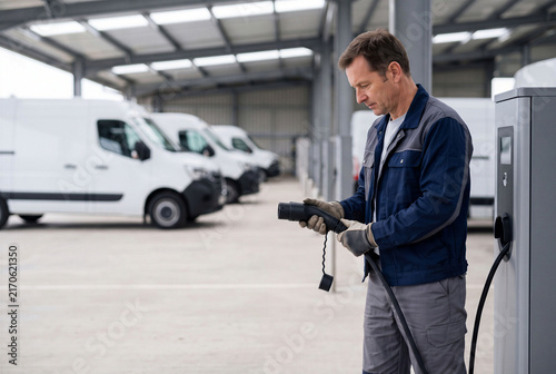 Fleet Technician Inspecting Electric Vehicle Charging Connector