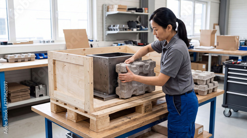 Workshop Worker Securing Machine Part in Export Crate