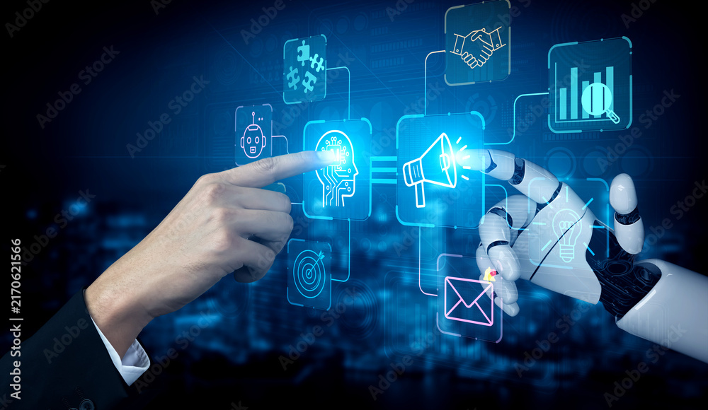 Obraz premium Human and Robot Interaction with Digital Interfaces, Touching Fingers, Technology Concept, Artificial Intelligence and Human Collaboration, Futuristic Background. Entropy.