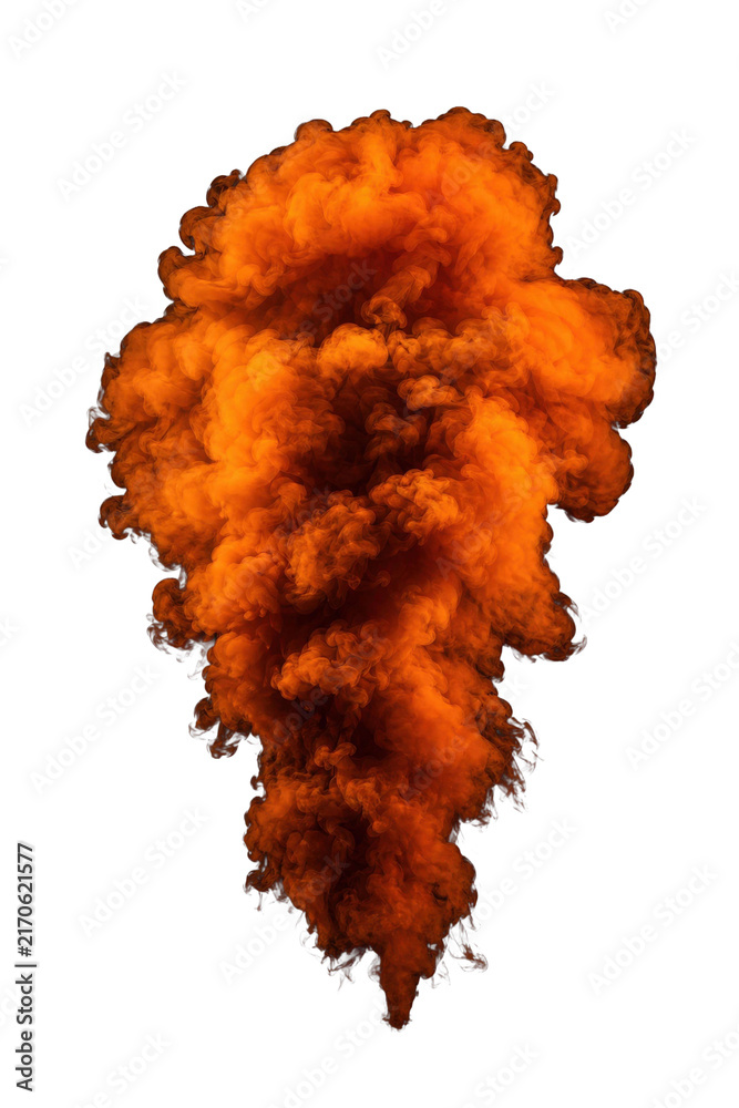 Naklejka premium Voluminous orange smoke cloud with dynamic swirling patterns and varying opacities, creating an abstract texture against a clean white background