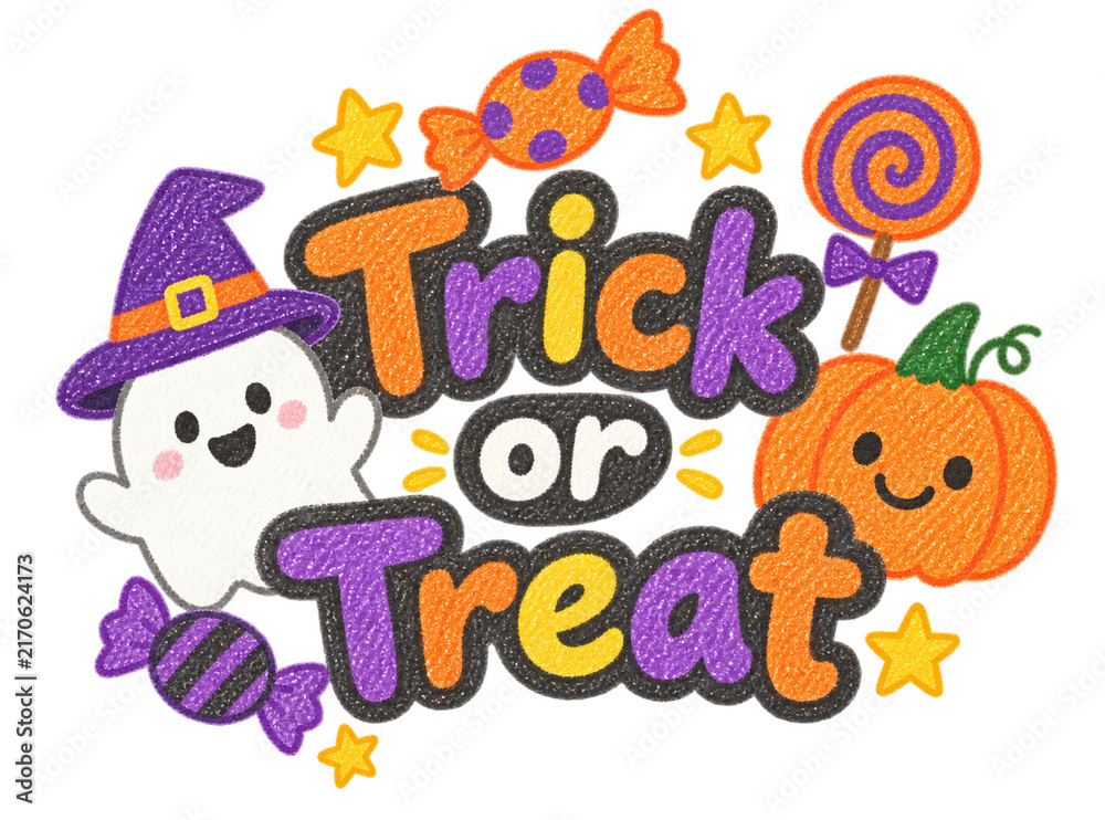 Naklejka premium Cute Trick or Treat Colored Pencil Halloween Lettering